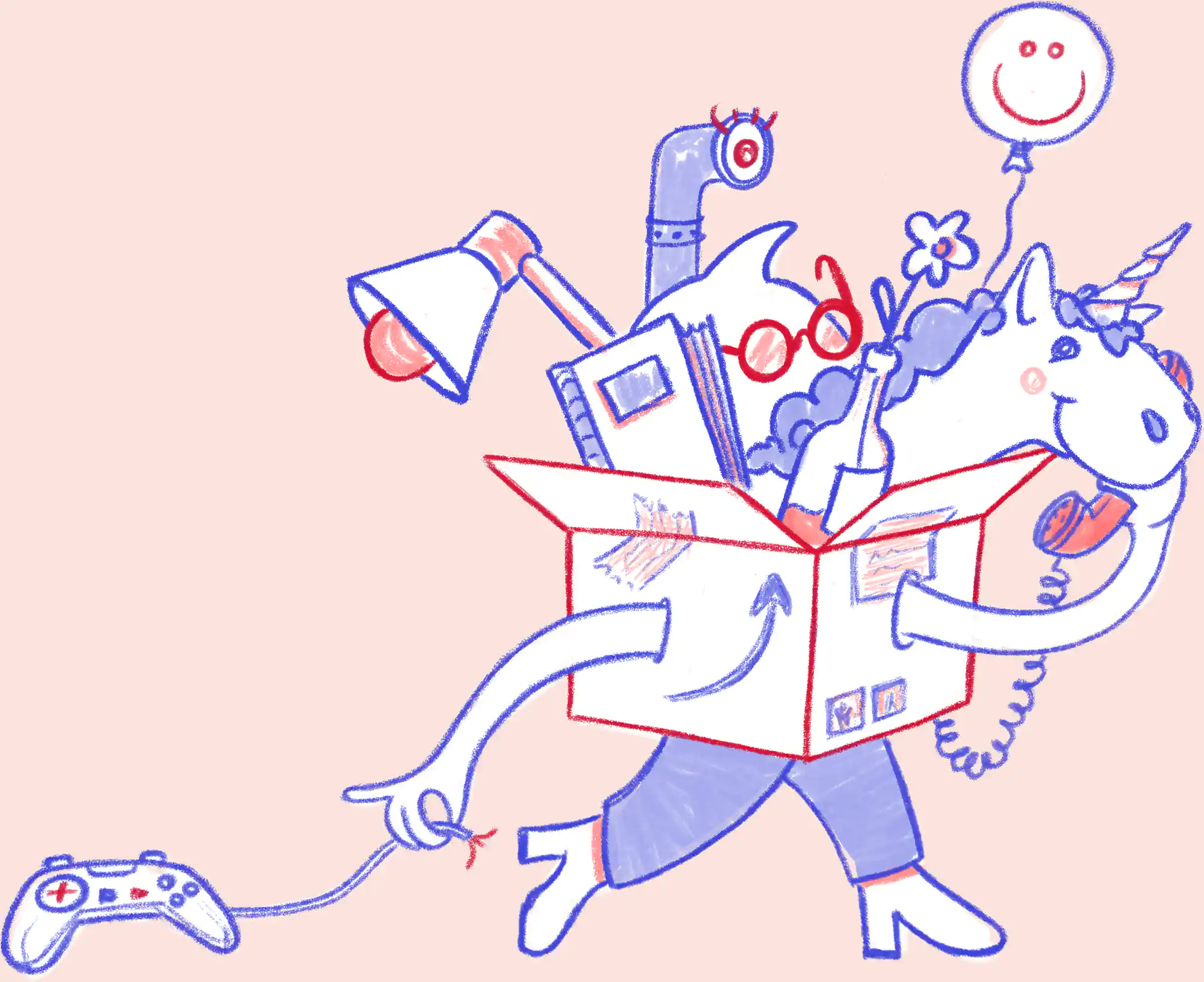 Illustration: Nachhaltigkeitskommunikation ist komplex, wie eine Kiste voller verschiedenen Themen, Eigenschaften und Zielgruppen. Erst eine Nachhaltige Kommunikationsstrategie bringt Ordnung und zeigt den Weg. Von launch point München, Elisa Gatzka