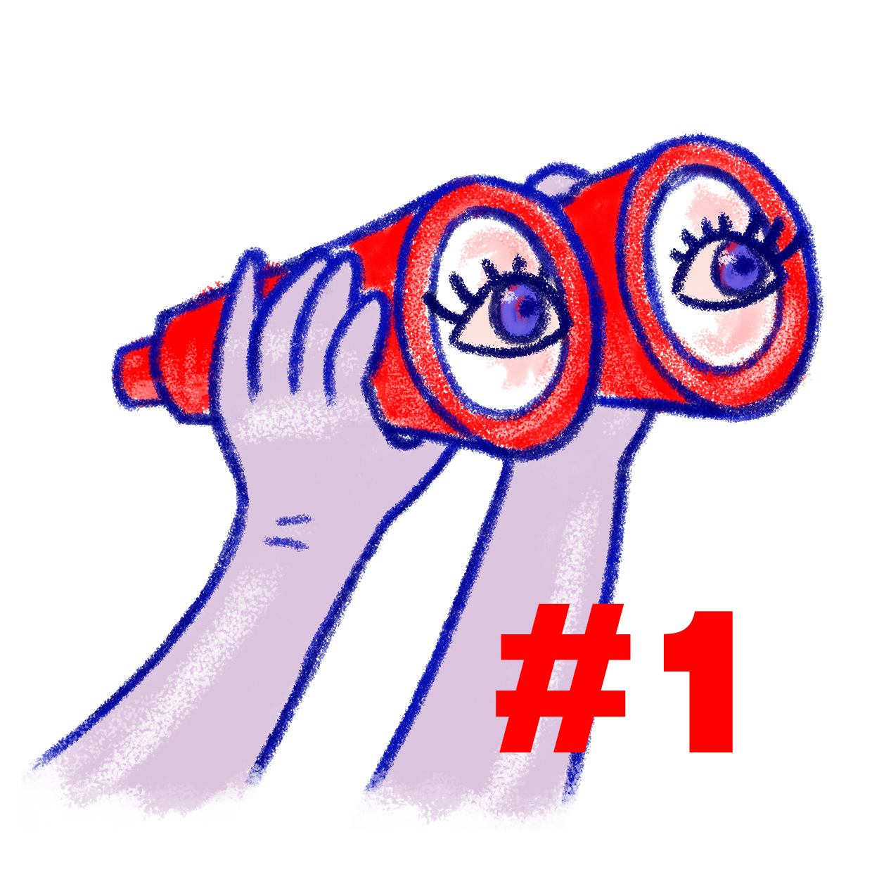 Illustration: Hände halten ein rotes Fernglas, in den Gläsern blicken Augen in die Ferne – Motiv des Newsletters vantage point #1. von Launch Point