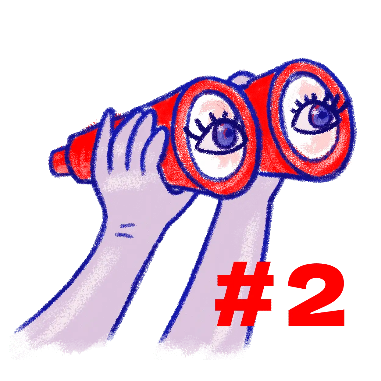 Illustration: Hände halten ein rotes Fernglas, in den Gläsern blicken Augen in die Ferne – Motiv des Newsletters vantage point #2. von Launch Point
