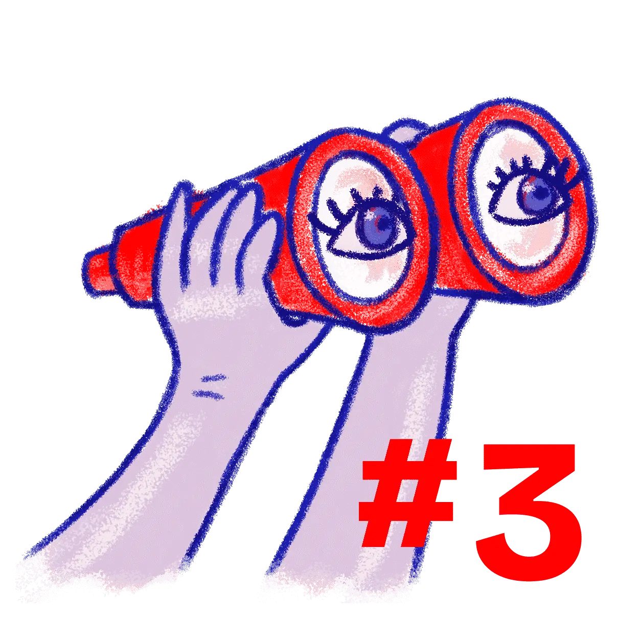 Illustration: Zwei Hände halten ein rot-blau gezeichnetes Fernglas, in dessen Linsen große Augen mit Wimpern sitzen. Schriftzug Ausgabennummer #3.