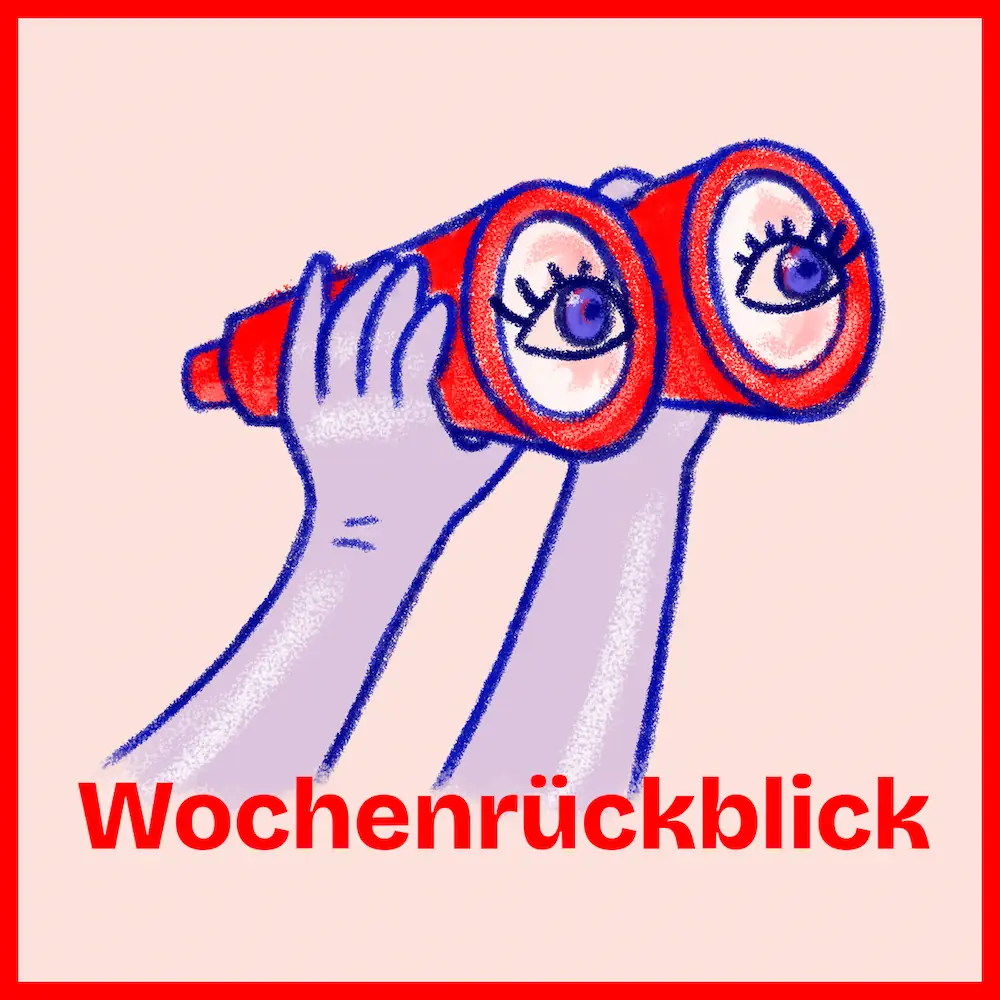 Cover des vantage point. Wochenrückblicks: rotes Fernglas mit Augen auf rosafarbenem Grund, Schriftzug Wochenrückblick