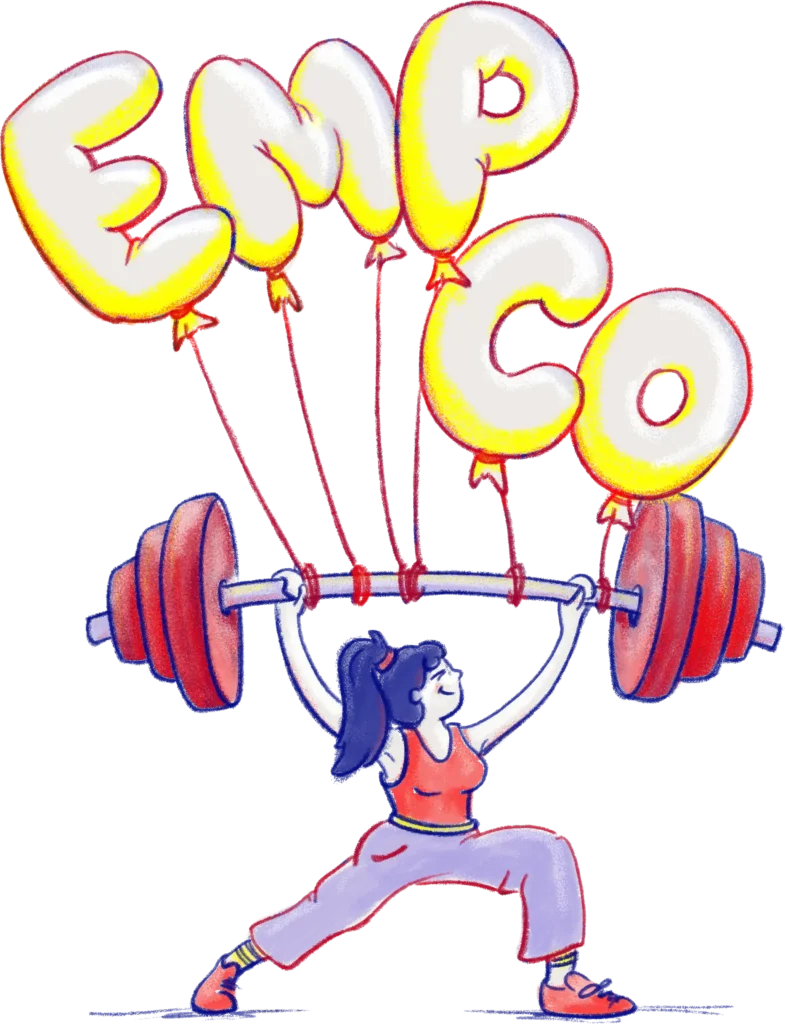Illustration: Eine Gewichtheberin stemmt eine schwere Hantel, an der Luftballons in Form der Buchstaben „EmpCo“ befestigt sind.